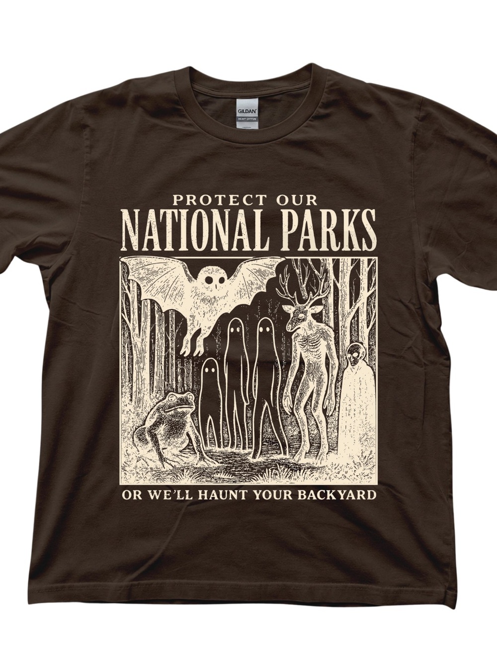Gildan Men’s Brown Protect Our National Parks Graphic Tee with Cream Print